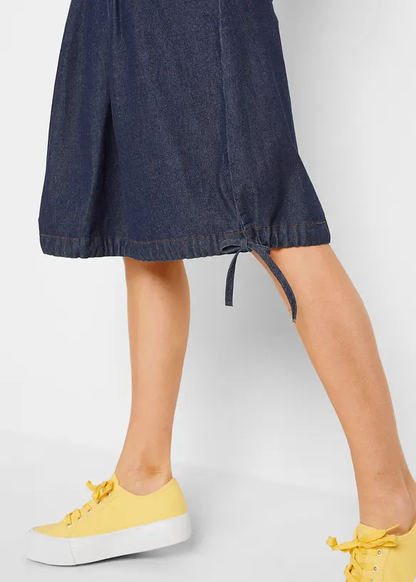 Jupe en jean extensible avec plis religieuse, lien à nouer et taille confortable, bonprix