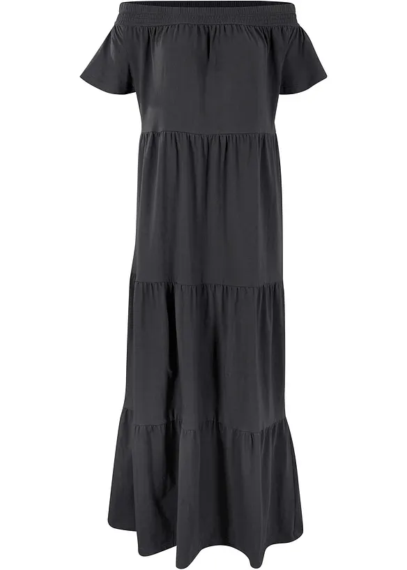Robe longue en jersey coton avec volants et encolure Bardot, bonprix