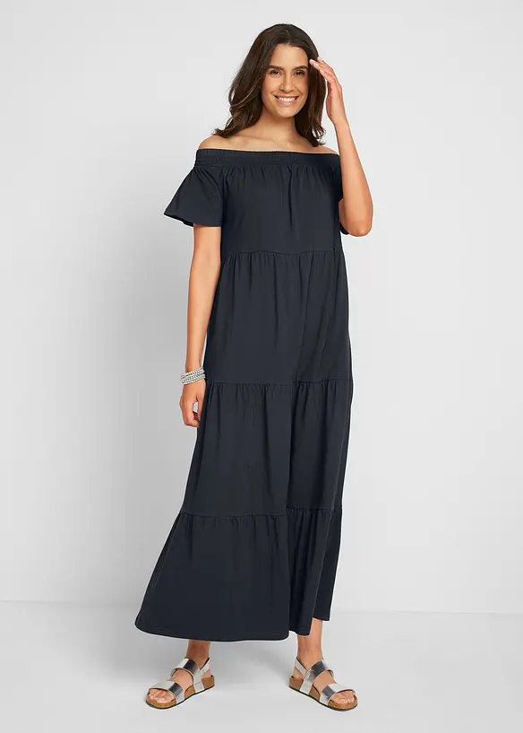 Robe longue en jersey coton avec volants et encolure Bardot, bonprix
