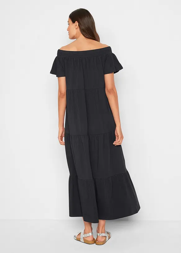 Robe longue en jersey coton avec volants et encolure Bardot, bonprix