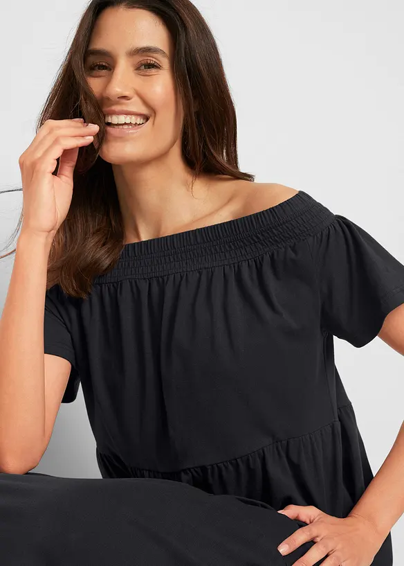 Robe longue en jersey coton avec volants et encolure Bardot, bonprix
