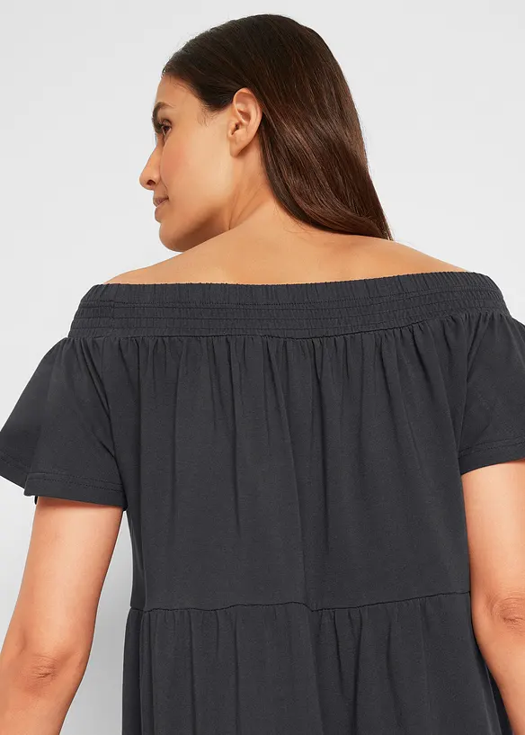 Robe longue en jersey coton avec volants et encolure Bardot, bonprix