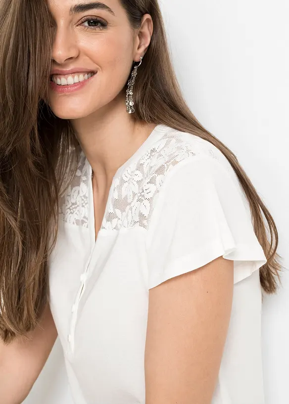 T-shirt col tunisien en viscose et dentelle, bonprix