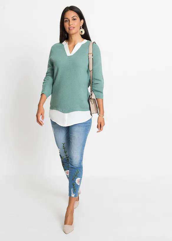 Pull en fine maille empiècement chemisier, bonprix