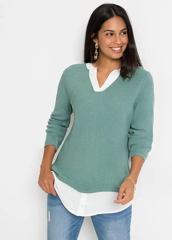 Pull en fine maille empiècement chemisier, bonprix
