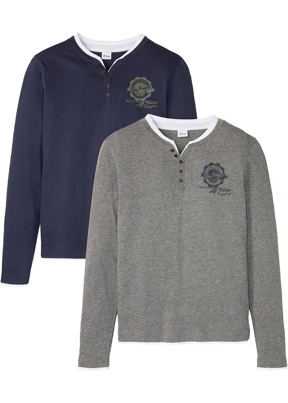 Lot de 2 T-shirts col tunisien à manches longues, bonprix