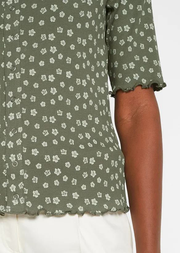 T-shirt côtelé à imprimé floral, manches coude, bonprix