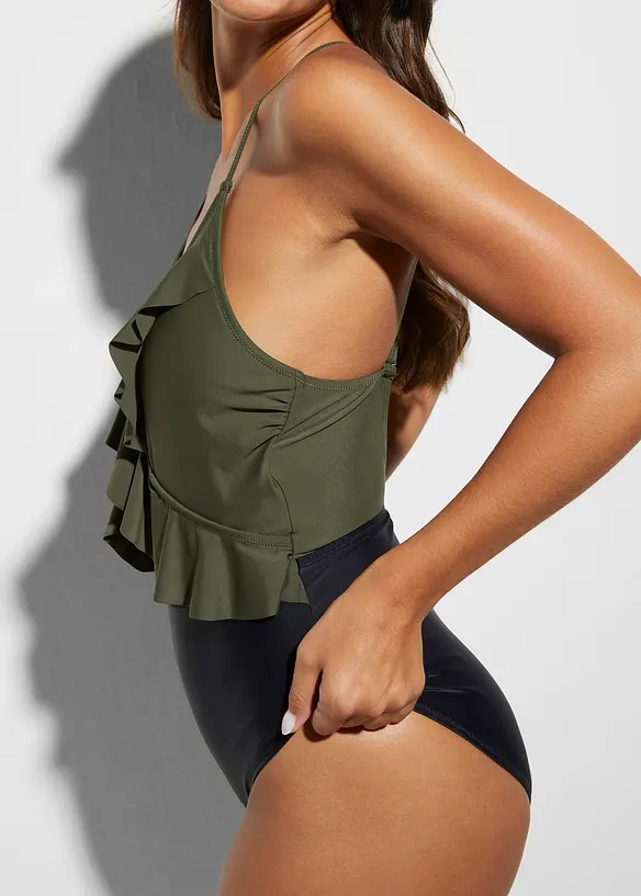 Maillot 1 pièce à découpe et volants, bonprix