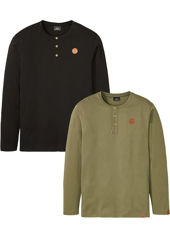 Lot de 2 T-shirts manches longues col tunisien 100% coton, bonprix