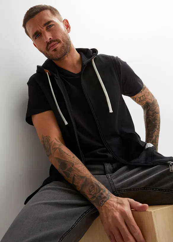 Sweat zippé à capuche sans manches en coton mélangé, bonprix