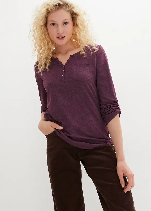 T-shirt col tunisien boutonné à manches longues, bonprix