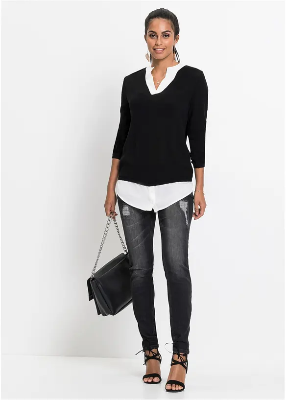 Pull en fine maille empiècement chemisier, bonprix