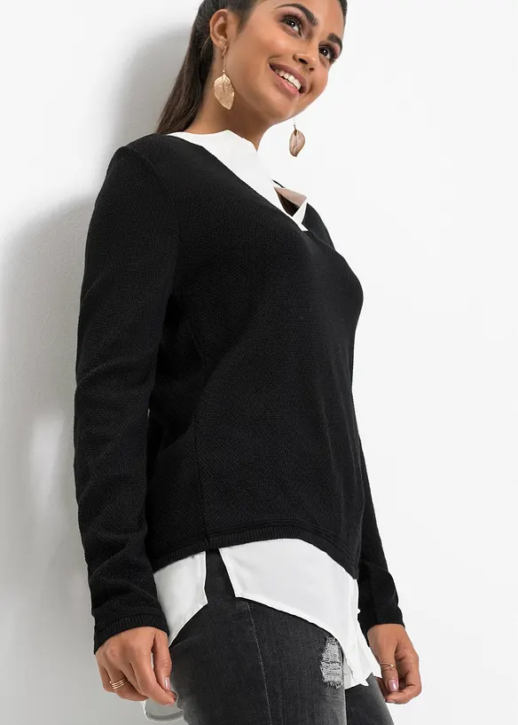 Pull en fine maille empiècement chemisier, bonprix