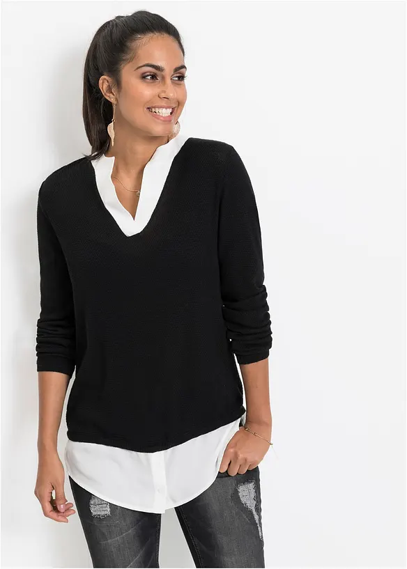 Pull en fine maille empiècement chemisier, bonprix