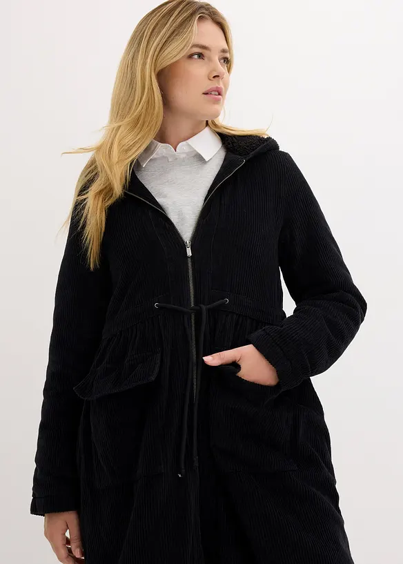 Manteau en velours côtelé 100% coton avec capuche doublée peluche, bonprix