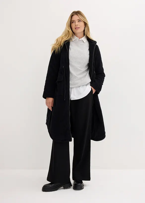 Manteau en velours côtelé 100% coton avec capuche doublée peluche, bonprix