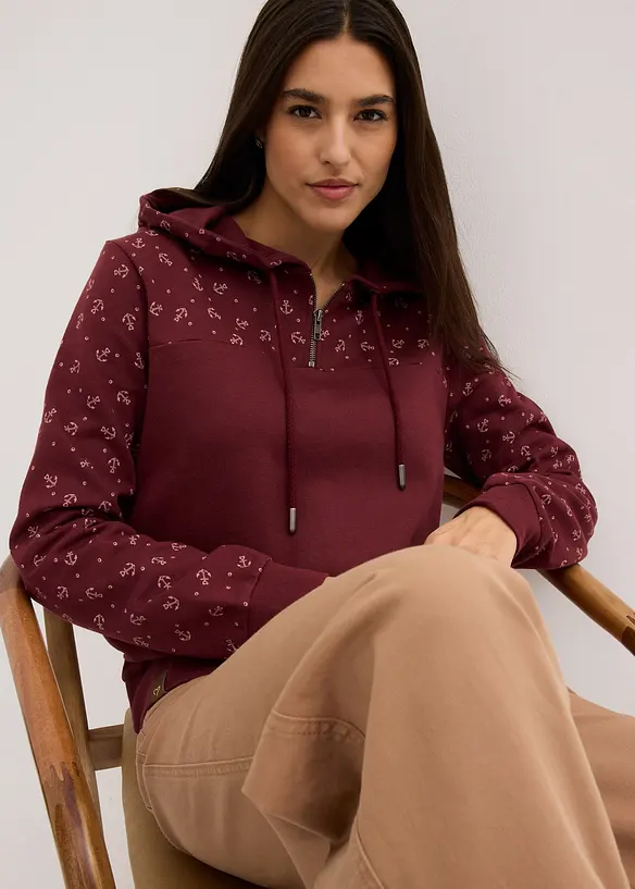 Sweat à capuche et col zippé, 100% coton, bonprix