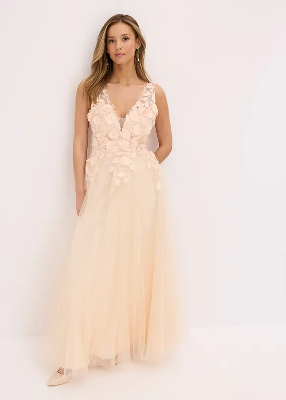 Robe longue en tulle délicat ornée de fleurs appliquées, bonprix