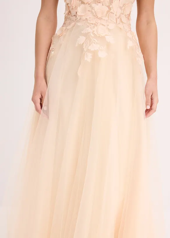 Robe longue en tulle délicat ornée de fleurs appliquées, bonprix