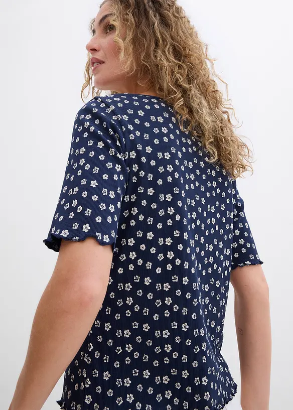 T-shirt côtelé à imprimé floral, manches coude, bonprix