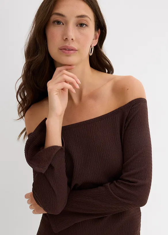 Robe à col Bardot en crêpe gaufré, bonprix