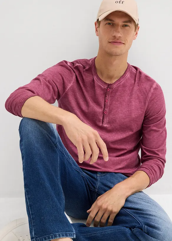T-shirt manches longues délavé col tunisien, 100% coton, bonprix