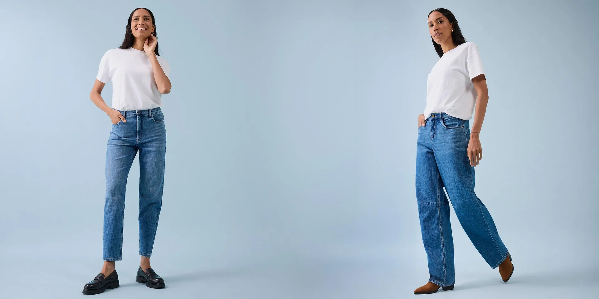 Look décontracté classique : T-shirts blancs, jeans bleus et chaussures stylées.