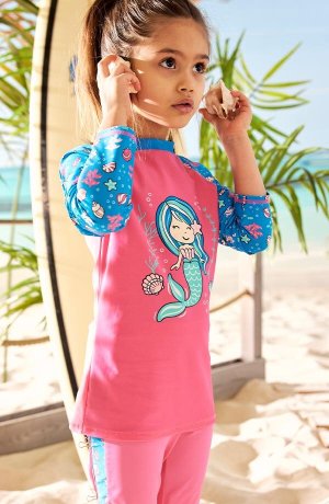 Enfant - T-shirt de bain anti-UV fille - fuchsia/bleu lagon imprimé