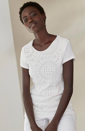 Femme - T-shirt à dentelle crochet - blanc cassé