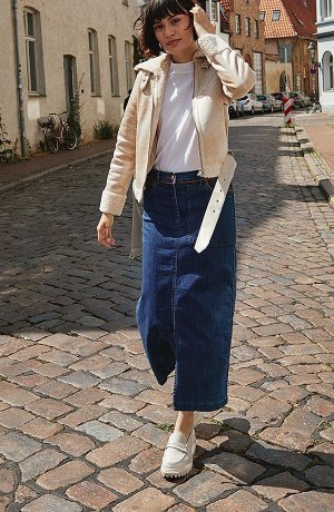Femme - Jupe en jean avec passepoil PU - bleu denim/cognac