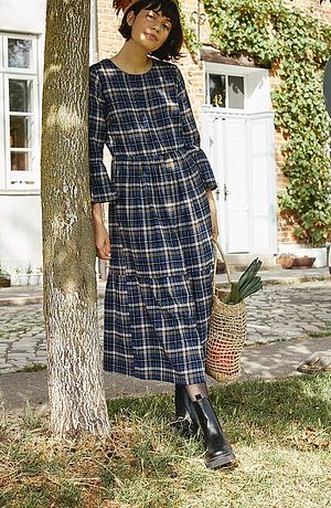 Femme - Robe midi évasée en flanelle avec volants - bleu arctique à carreaux