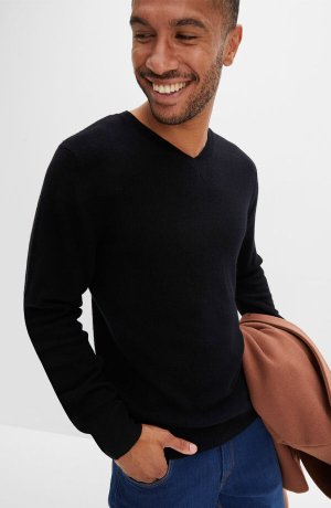 Homme - Pull en laine avec teneur en Good Cashmere Standard®, col V - noir
