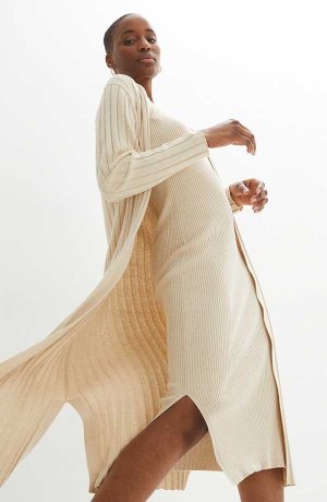 Femme - Long gilet en maille coton et soie - sable chiné