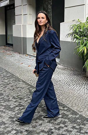 Femme - Blazer court à fines rayures - bleu foncé/blanc cassé rayé