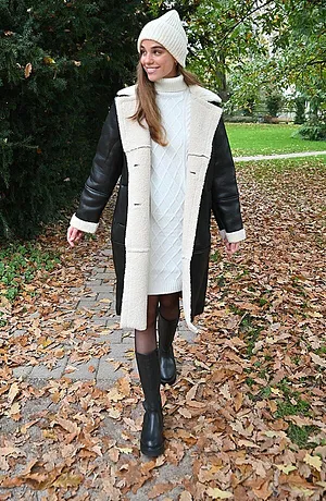Femme - Manteau aspect peau de mouton - noir/beige naturel