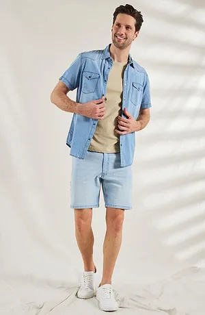 Heisenberg_FutureUse - Chemise manches courtes slim en jean, 100% coton - bleu glacier denim