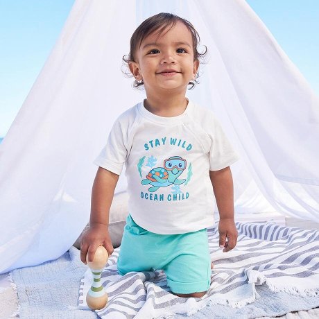Enfant - Lot de 2 T-shirts bébé avec patte de boutonnage en coton - blanc cassé/nectarine imprimé