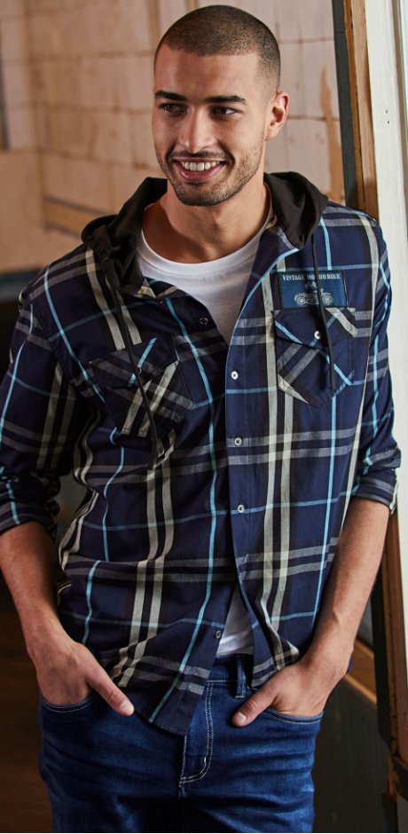 Homme - Chemise manches longues à capuche - bleu à carreaux