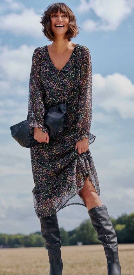 Femme - Robe midi imprimée avec volants en polyester recyclé - noir à fleurs
