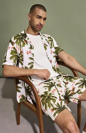 Homme - Chemise manches courtes en viscose, loose - écru imprimé