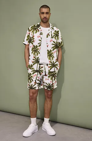 Homme - Chemise manches courtes en viscose, loose - écru imprimé
