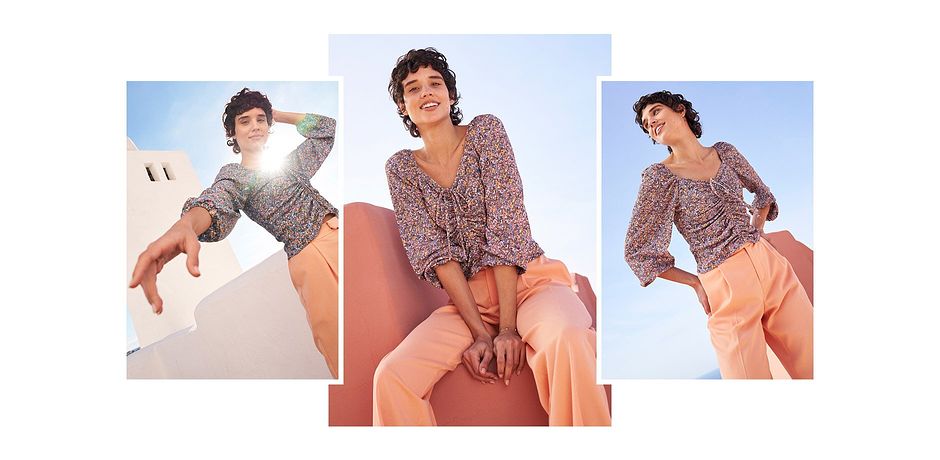 Femme - T-shirt imprimé avec fronces - orange clair/rose vif à fleurs