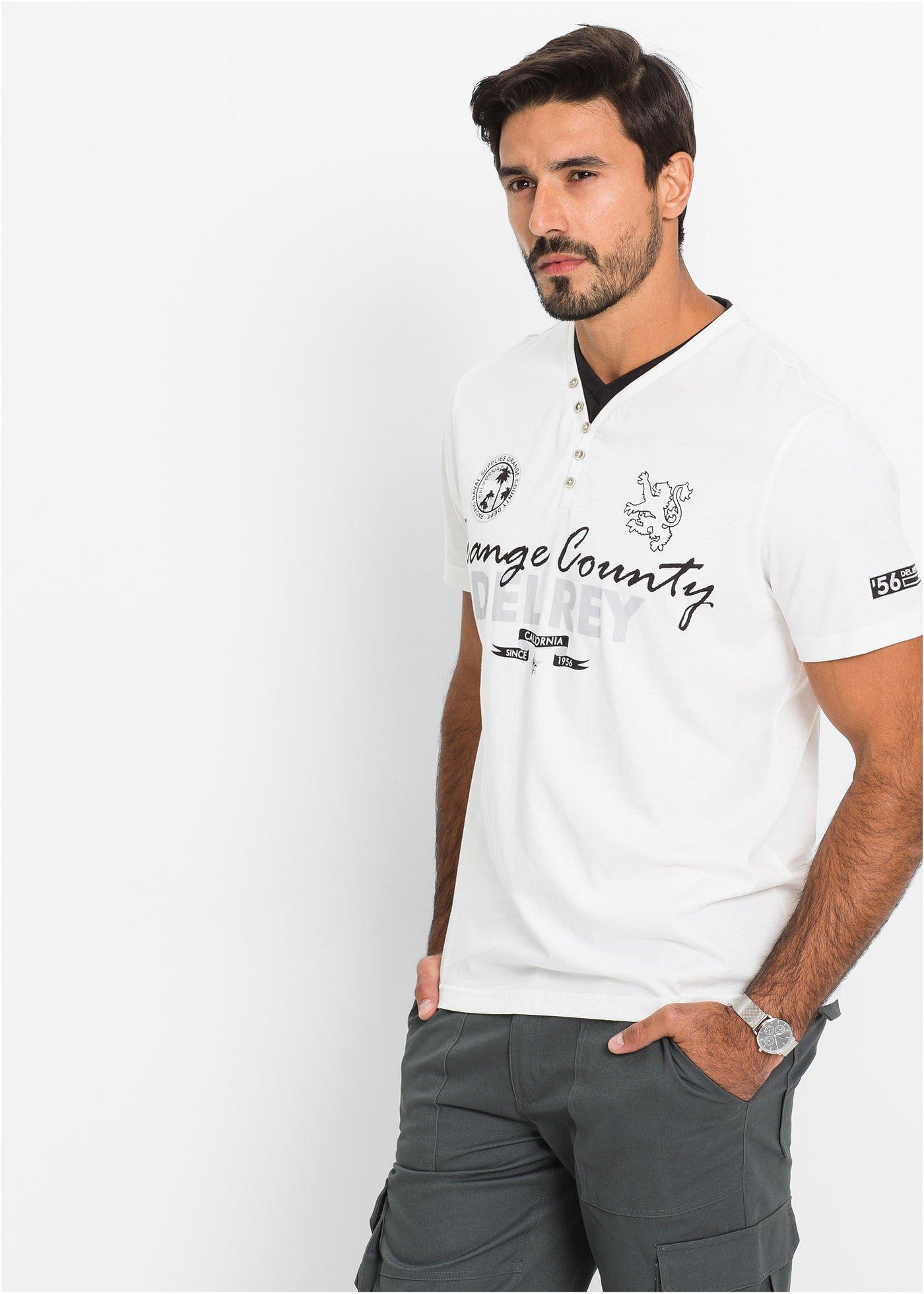 T-shirt 2 en 1, col Henley - blanc