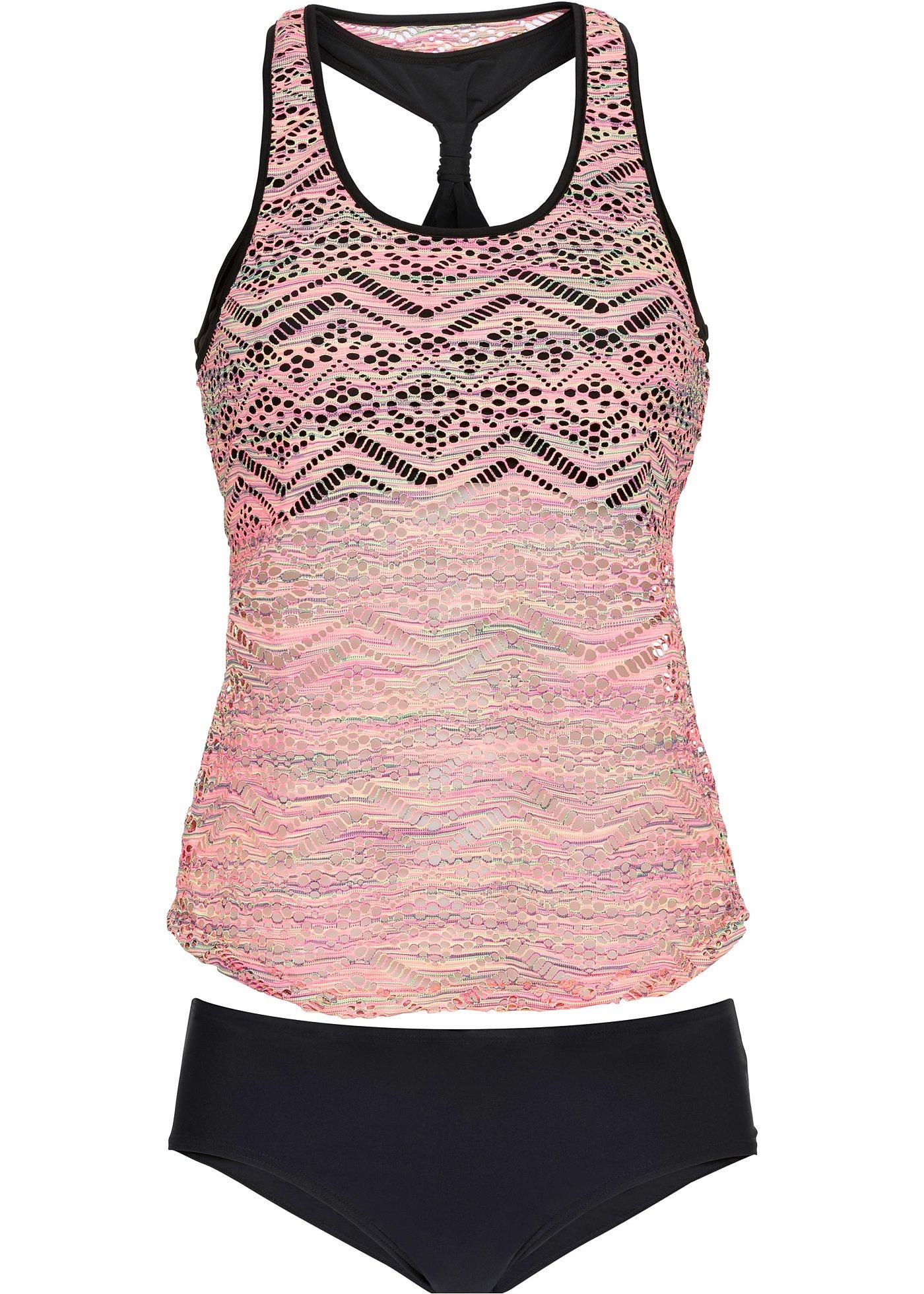 Tankini tendance avec motif en crochet stylé et dos nageur fuchsia rayé