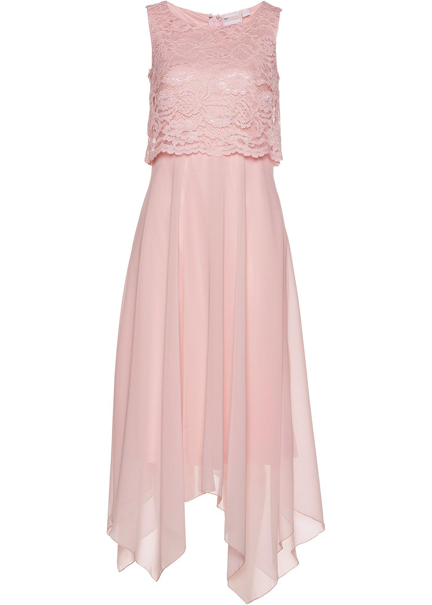 Robe de soirée chic avec haut en dentelle rose dragée, classique