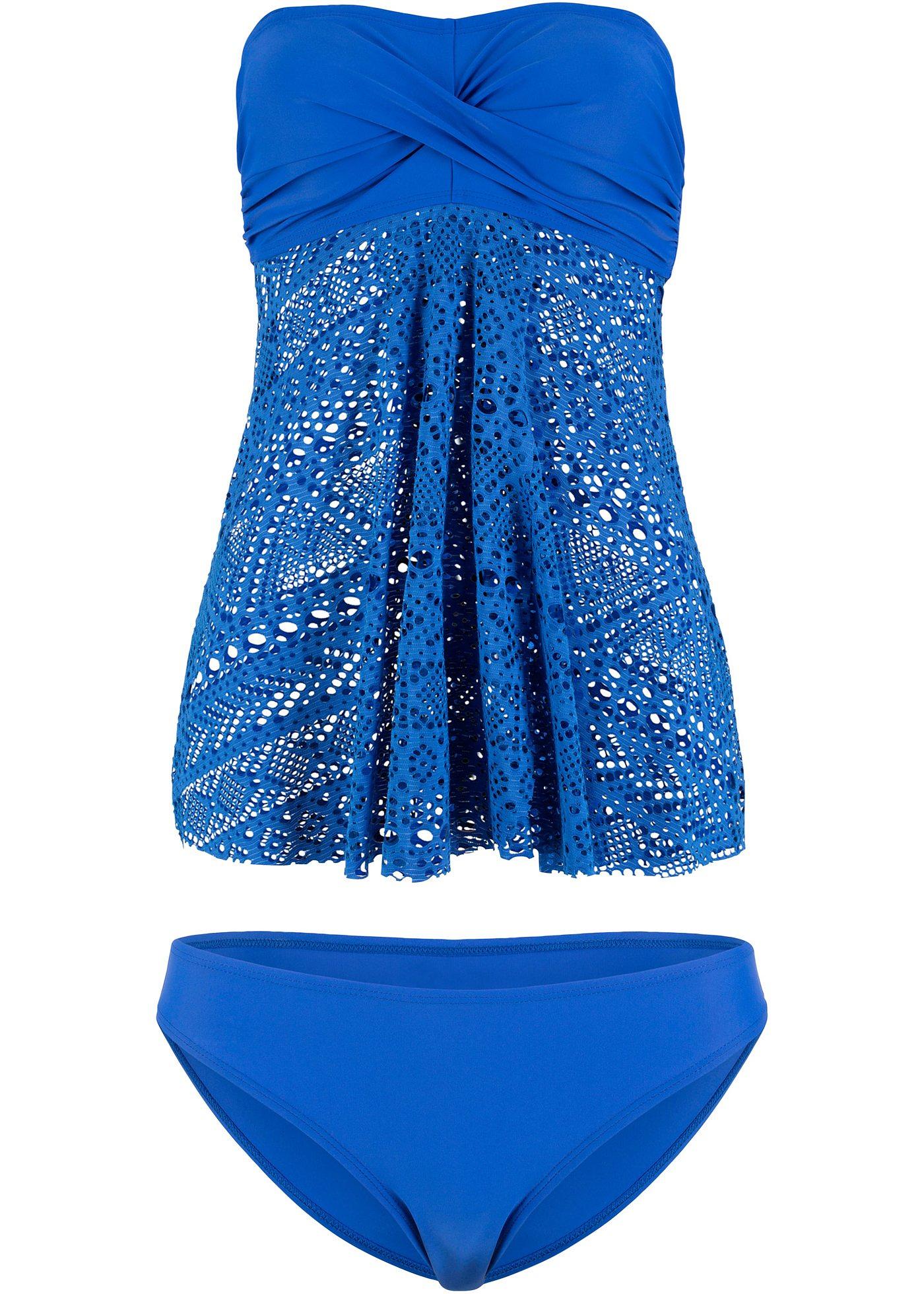 Tankini de coupe légèrement trapèze avec dentelle élastique bleu roi