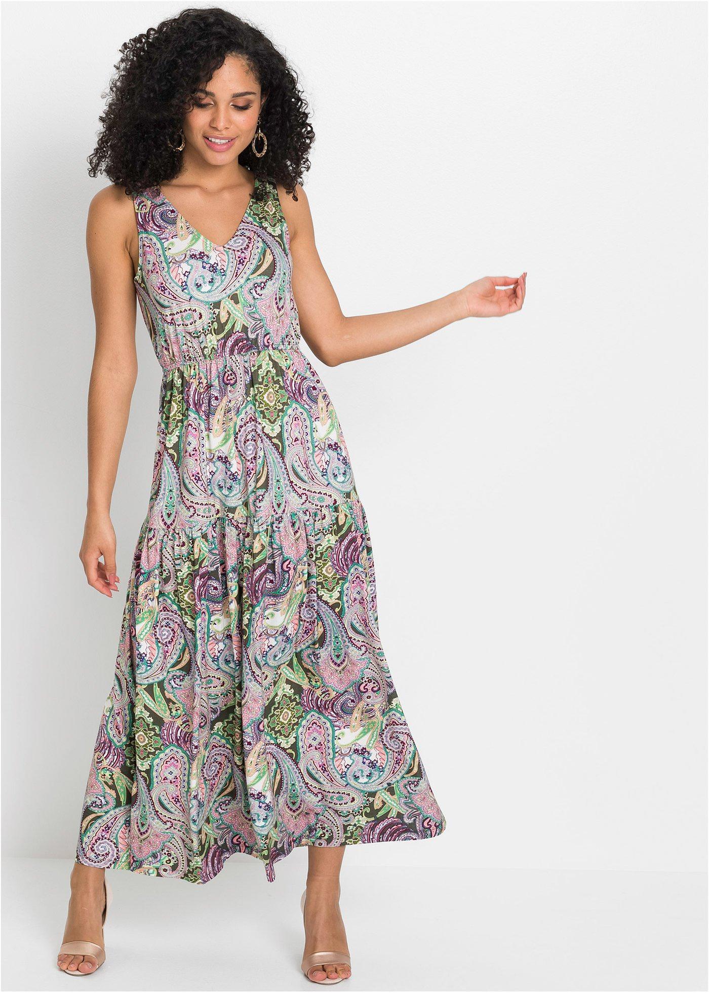 Robe maxi longue en jersey olive motif cachemire Femme BODYFLIRT