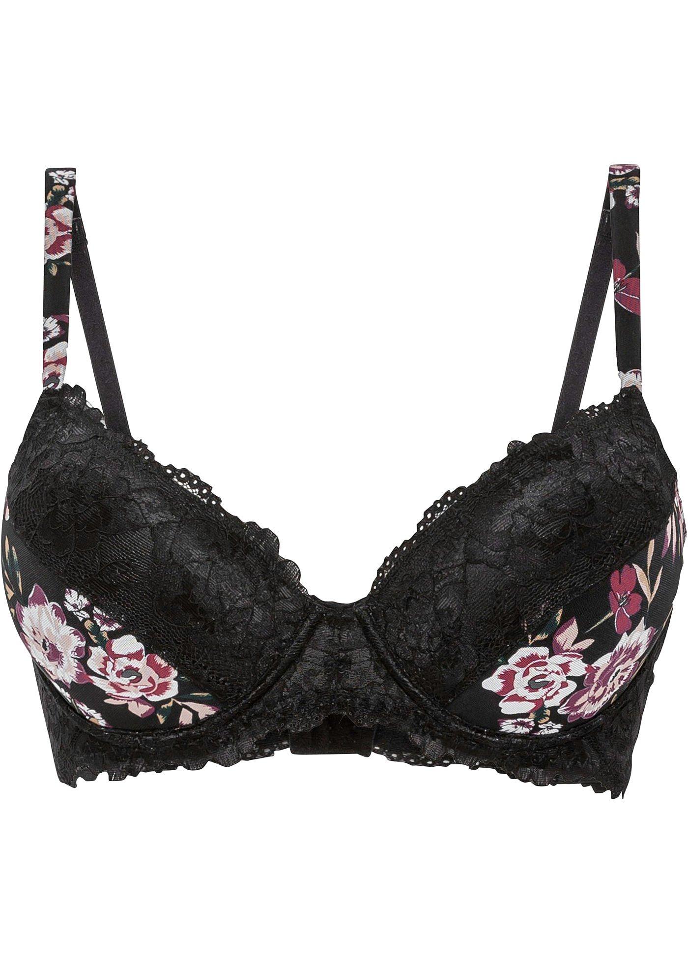 Soutien-gorge séduisant à coques avec imprimé floral - noir à fleurs