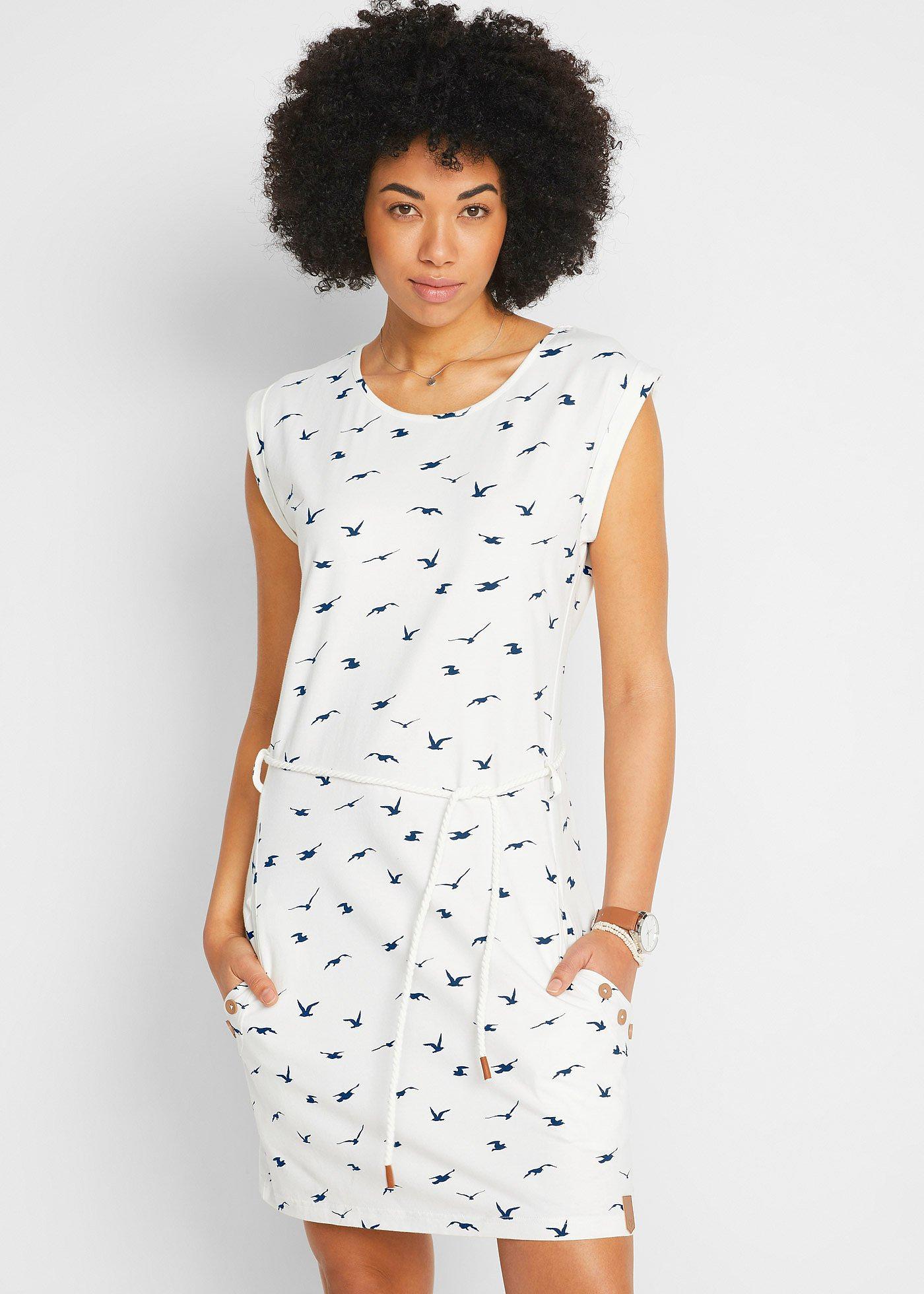 Robe en jersey avec poches latérales et cordon blanc cassé