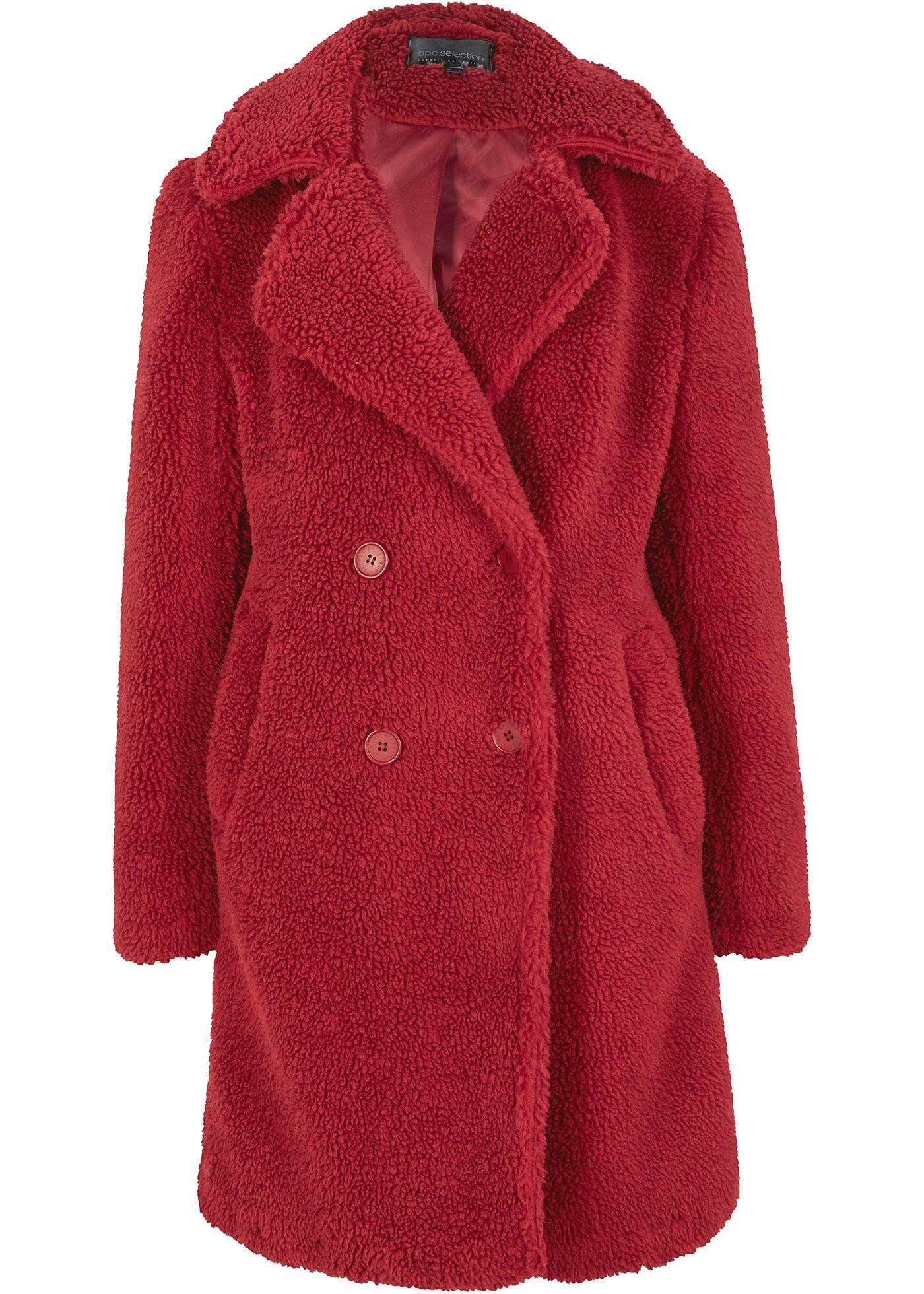 Manteau Douillet En Maille Peluche Rouge Couchant